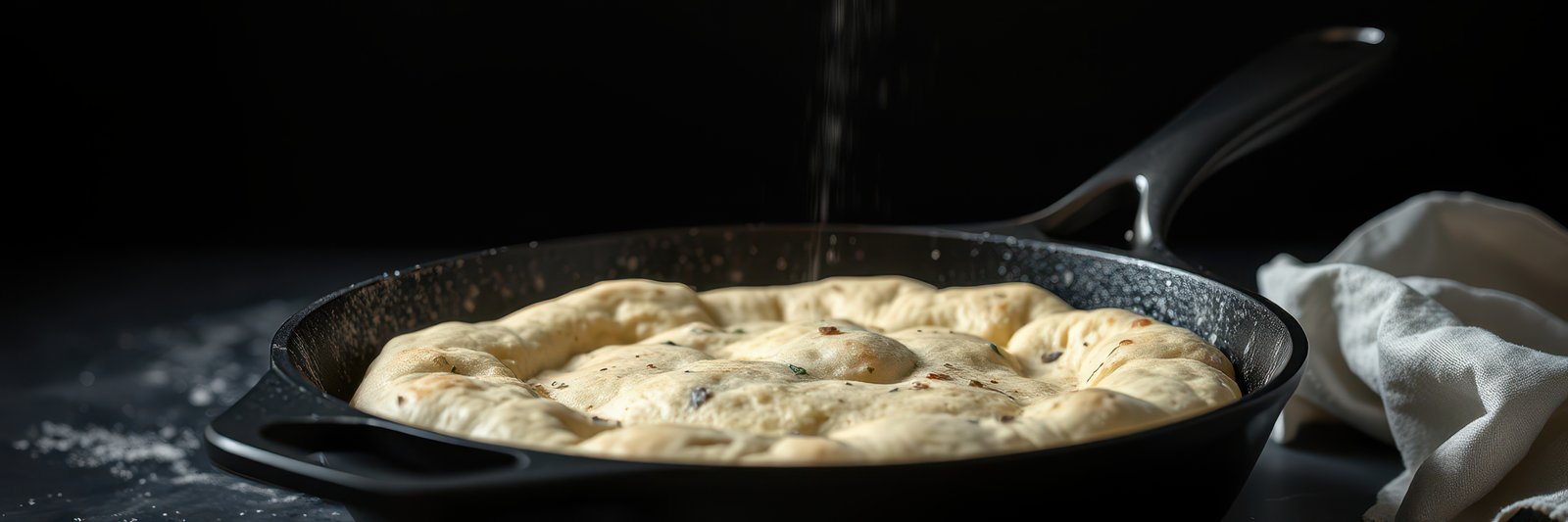 Preparing dough in a cast iron skillet on a dark kitchen surface while flour is sprinkled gently